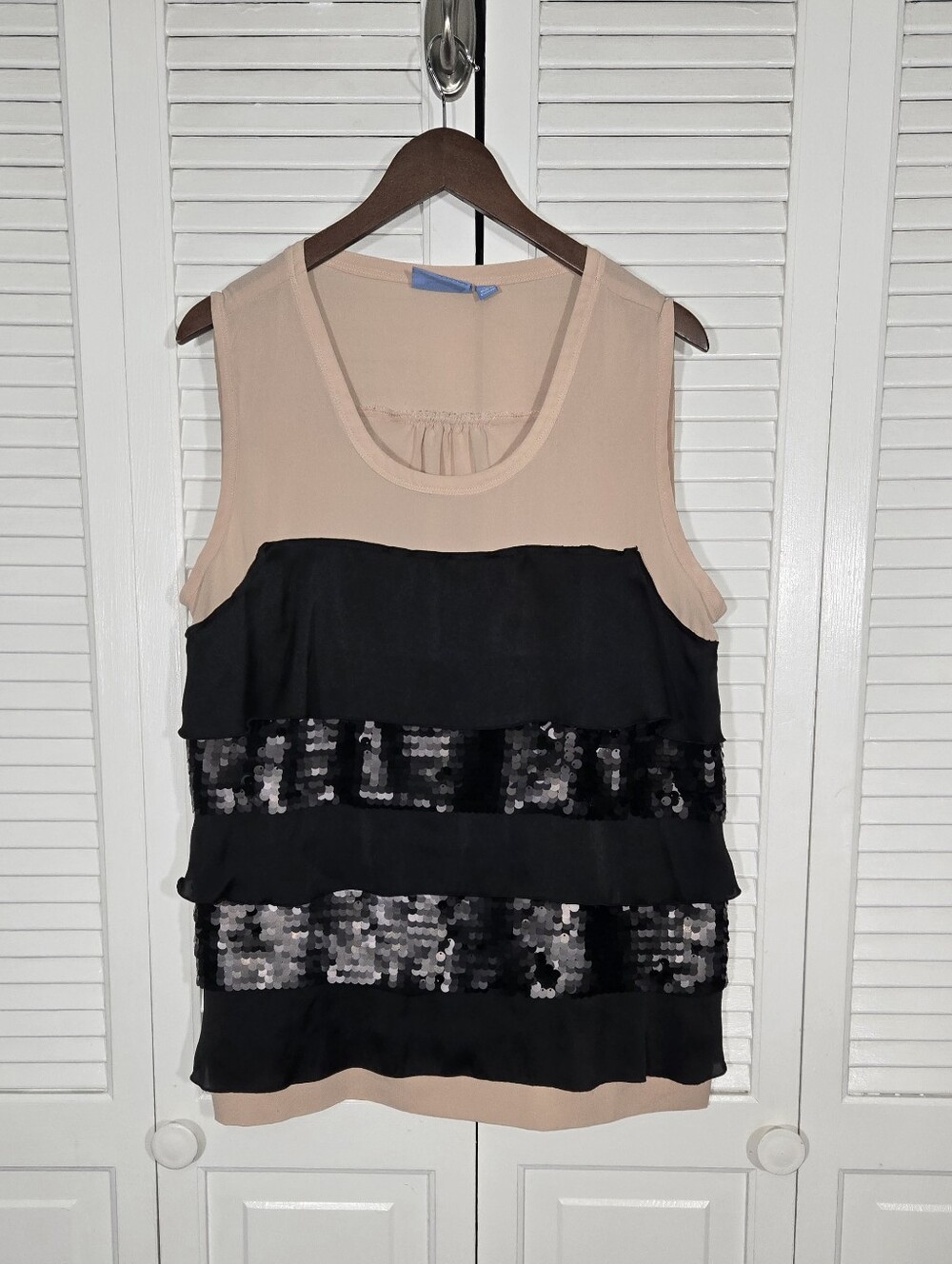 Simply Vera Vera Wang Sequin Ruffle Color Block Sleeveless Tank Nude Black Sz XL